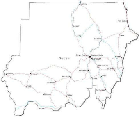 Sudan Black & White Map with Capital, Major Cities, Roads, and Water Features