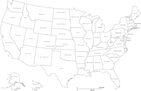 United States Black & White Map with States and State Names