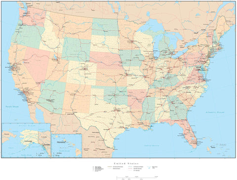 Poster Size USA Map with Counties  Cities  Interstates  and Water Features