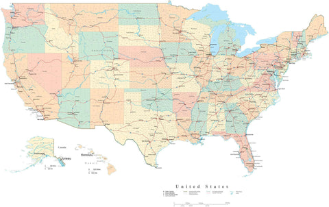 Poster Size USA Map with Counties, Cities, Interstates, and Water Features - Platte Carre Projection