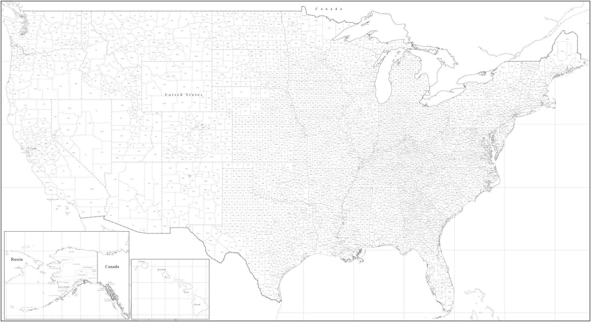 Poster Size USA Map with All Counties - Rectangular Projection