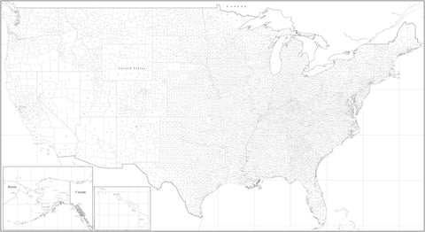 Black & White Poster Size USA Map with Counties - Rectangular Projection