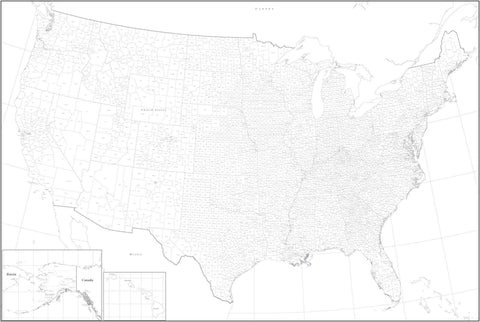 Poster Size Black & White USA Map with Counties - Curved Projection