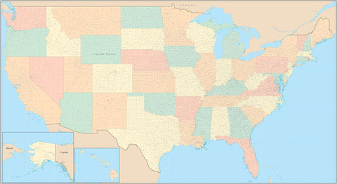 Poster Size USA Map with Counties - Rectangular Projection