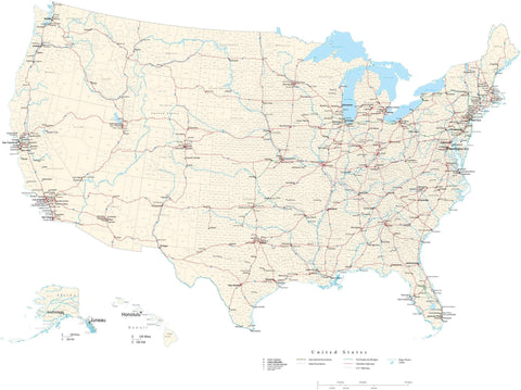 Poster Size USA Map with County Boundaries, Cities, Interstates, and Water Features