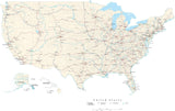 Poster Size USA Map with County Boundaries, Cities, Interstates, Water Features, and more