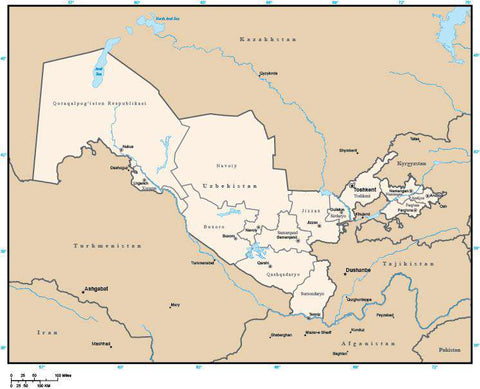 Uzbekistan Digital Vector Map with Administrative Areas and Capitals