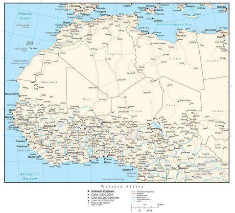 Western Africa Map with Country Boundaries, Capitals, Cities, Roads and Water Features