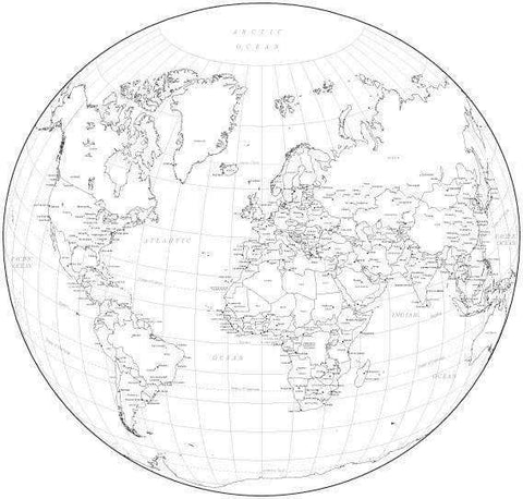 Black & White World Map with Countries  Capitals and Major Cities - WLDCIR-253565